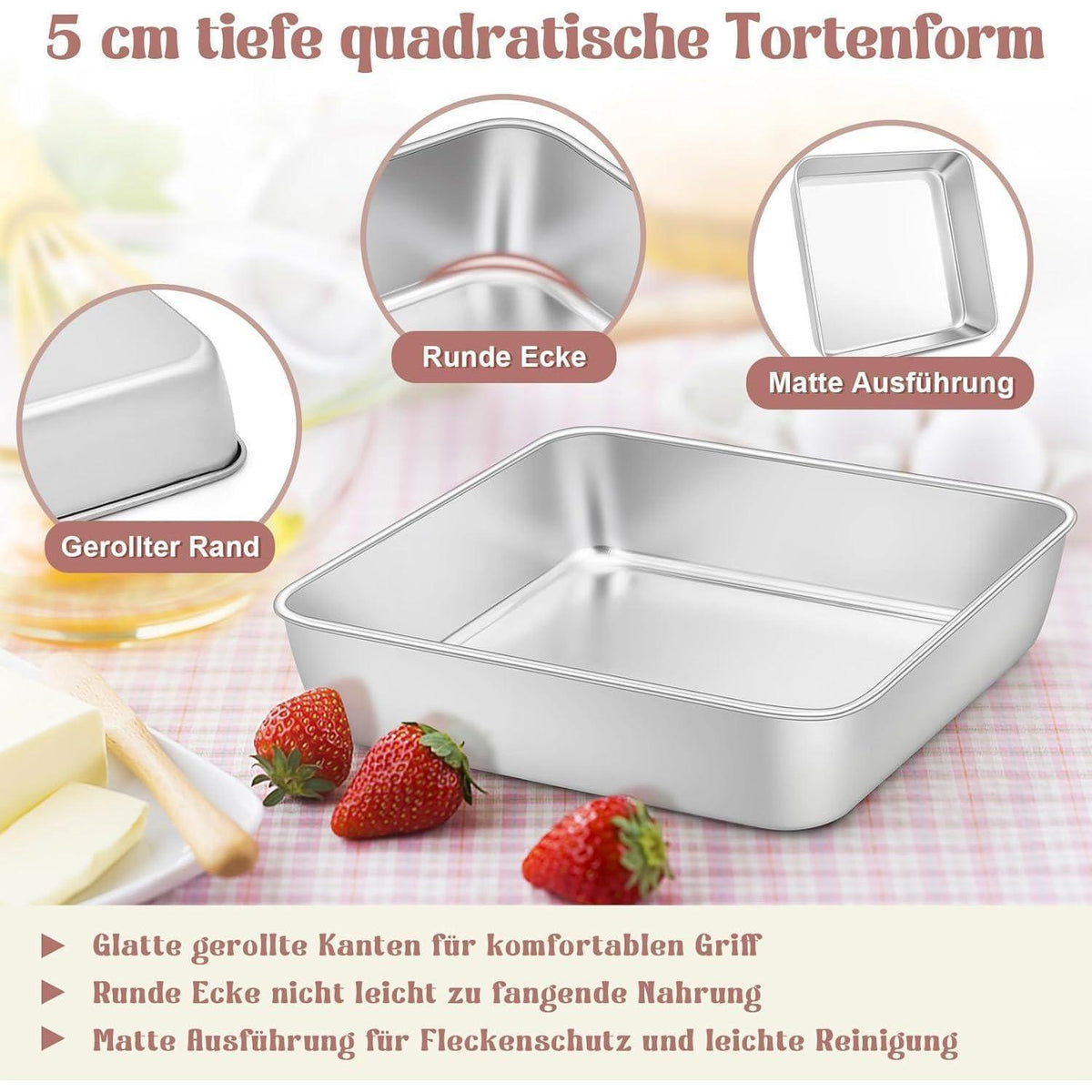Quadratische Kuchenform aus Edelstahl 20x20x5 cm