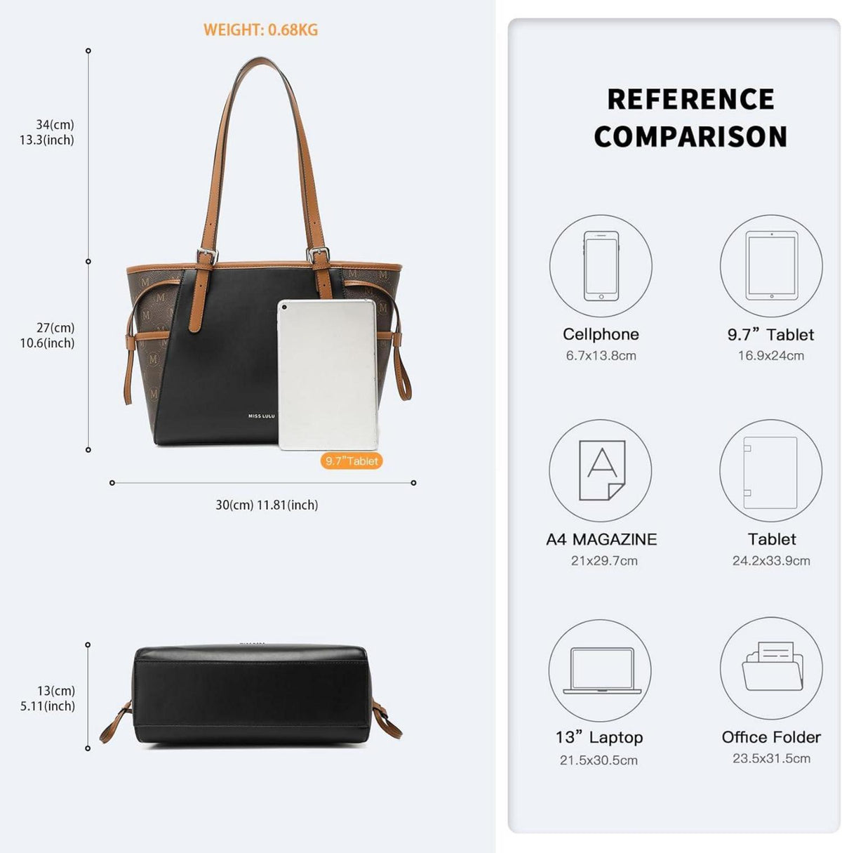 Miss Lulu Damen PU Leder Handtasche Groß Shopper Schultertasche Mit Verstellbarem Gurt