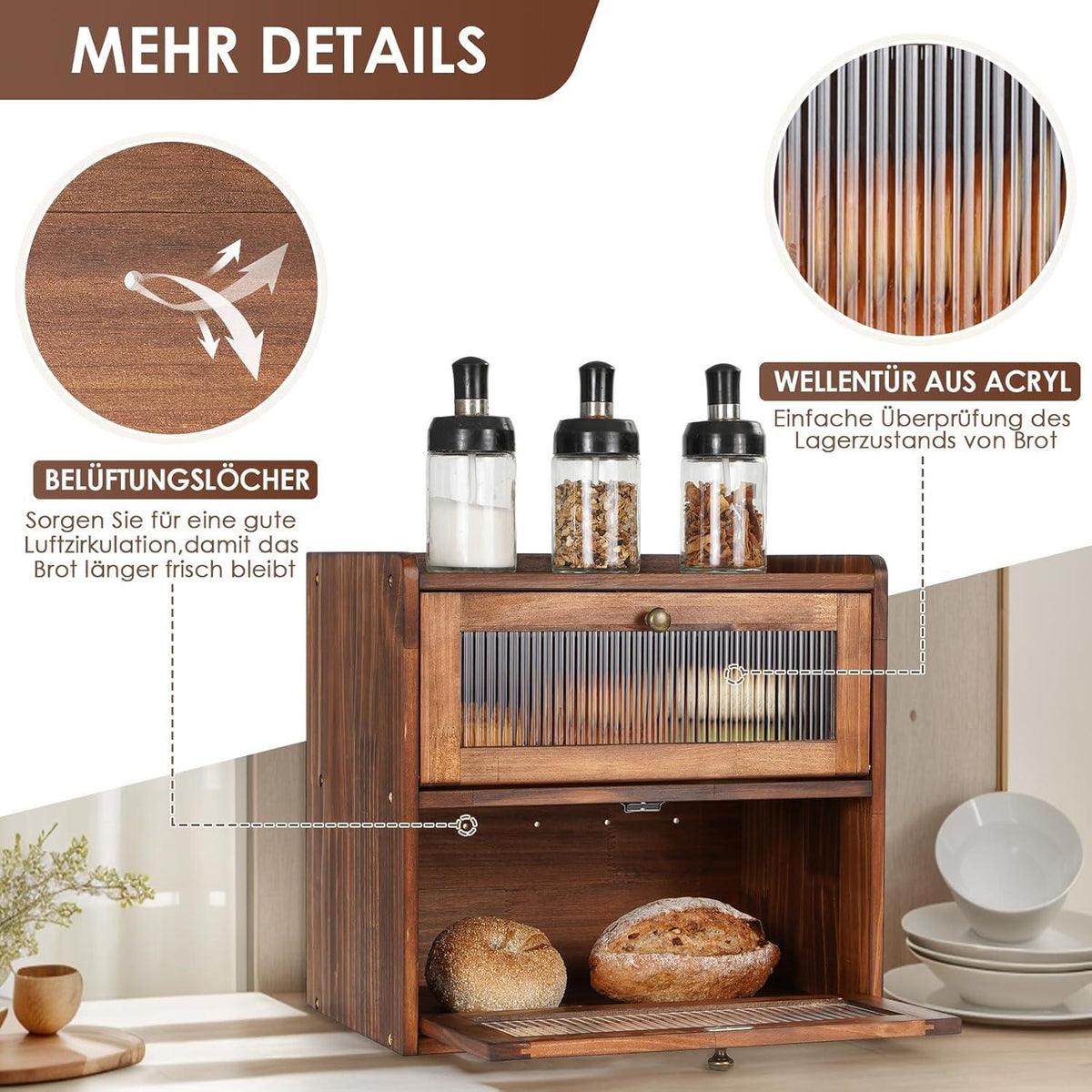 Brotkasten XL Zirbenholz Eco Brotbox Groß 2 Etagen Acryltür Magnetic