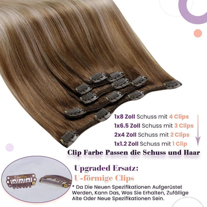 Clip-in Haarverlängerung Braun-Aschblond Ombre Echthaar 35cm