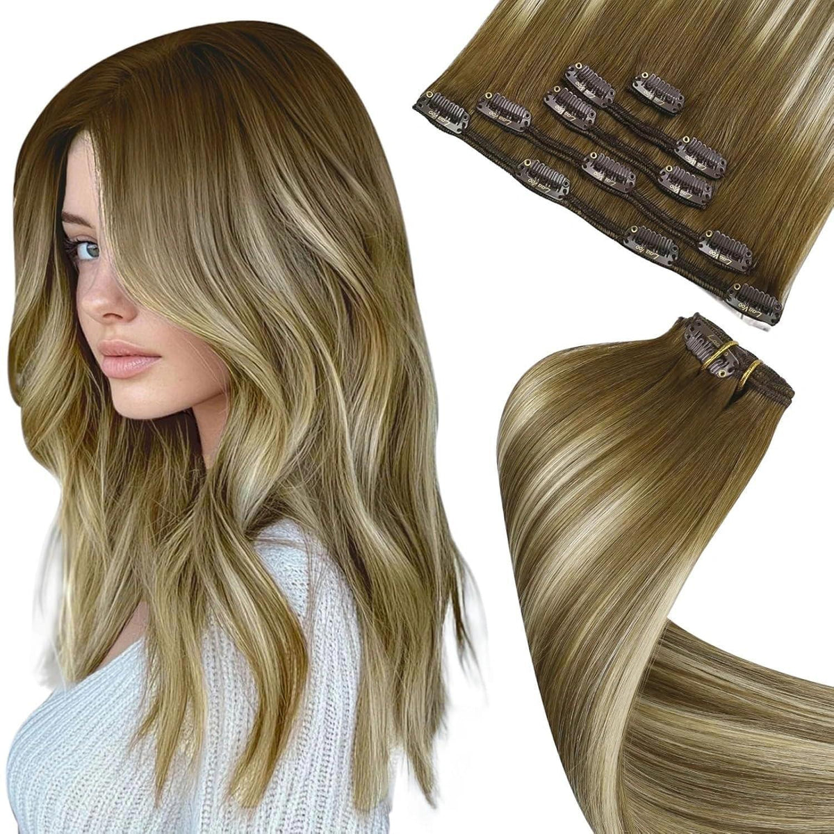 Clip-in Echthaar Extensions Balayage Braun Dunkelbraun Blond