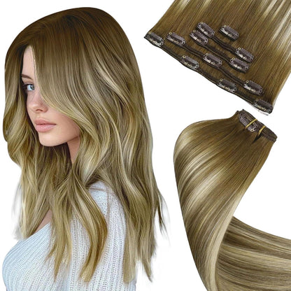 Clip-in Haarverlängerung Echthaar Balayage Braun Blond