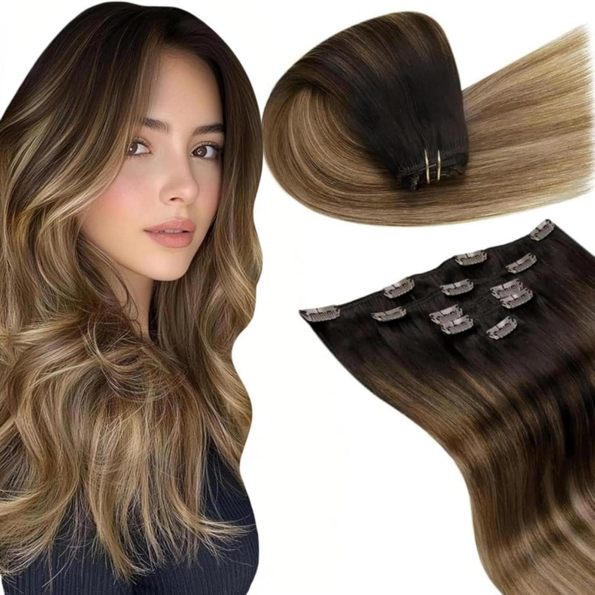 Echthaar Clip-in Extensions Balayage Ombre Aschblond