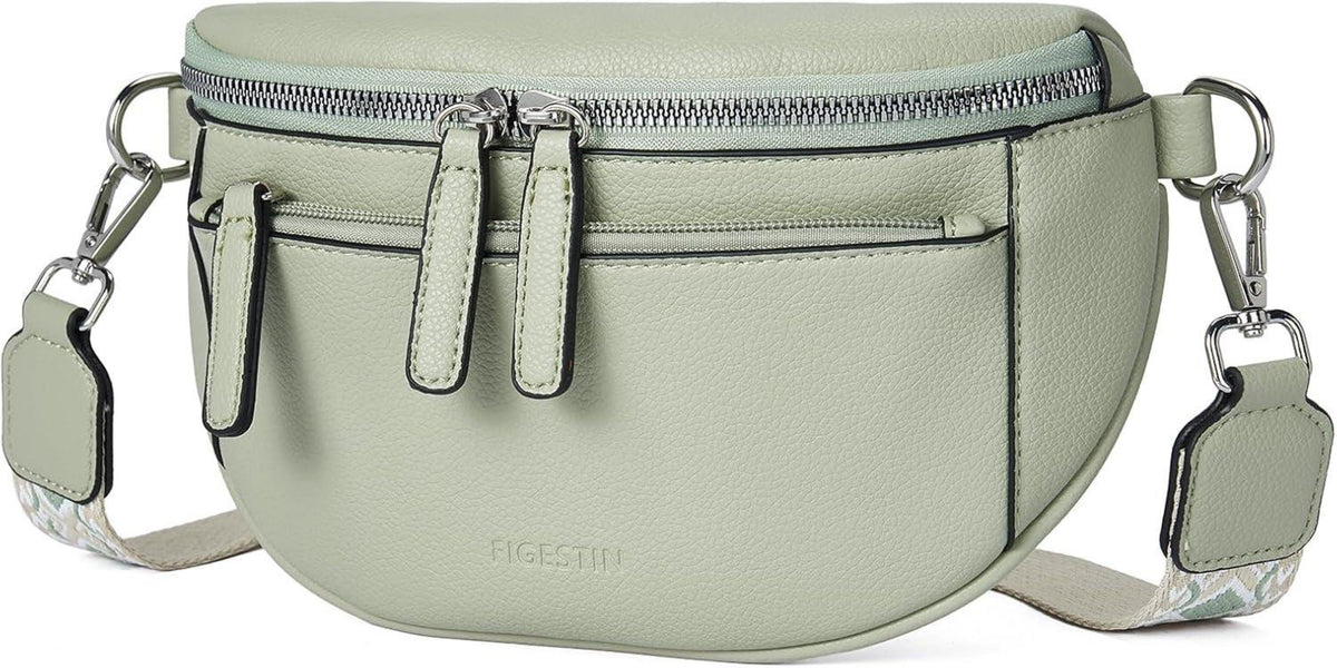 FIGESTIN Damen Bauchtasche Crossbody Bag PU Leder Breiter Gurt Grünton