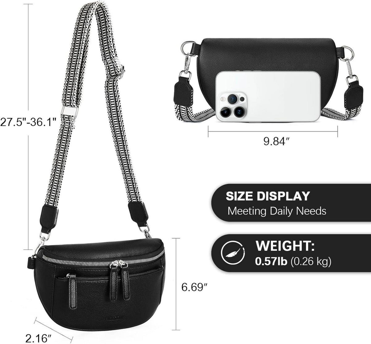 Schwarze Damen Bauchtasche PU Leder verstellbarer Crossbody Bag