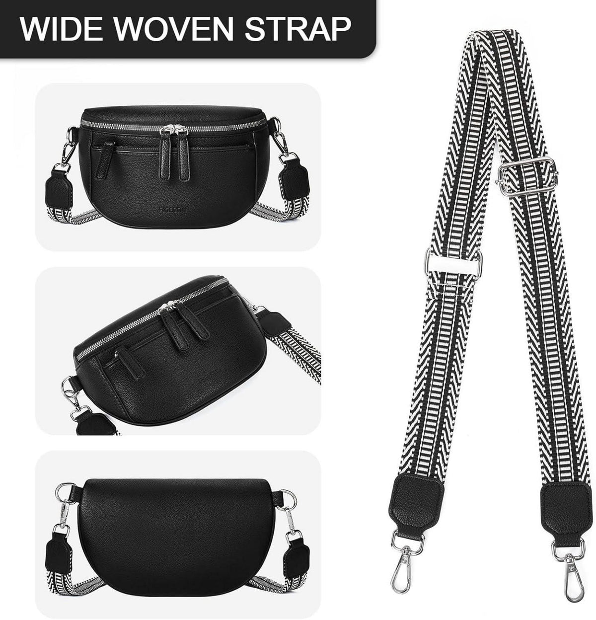 Bauchtasche Damen PU Leder Crossbody Bag Breiter Gurt Schwarz