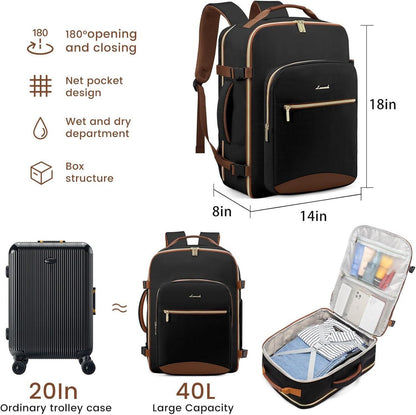 Handgepäck Rucksack 40L Damen Reiserucksack Schwarz+brown