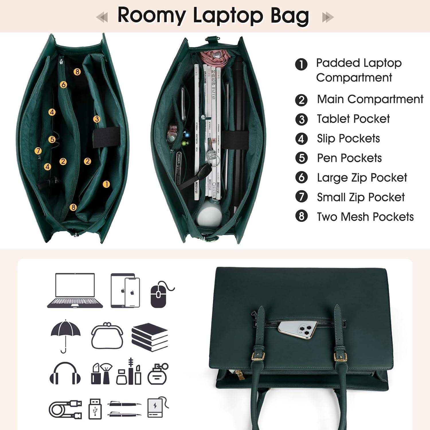 Handtasche Damen Große Shopper Dunkelgrün Laptoptasche PU Leder 15.6