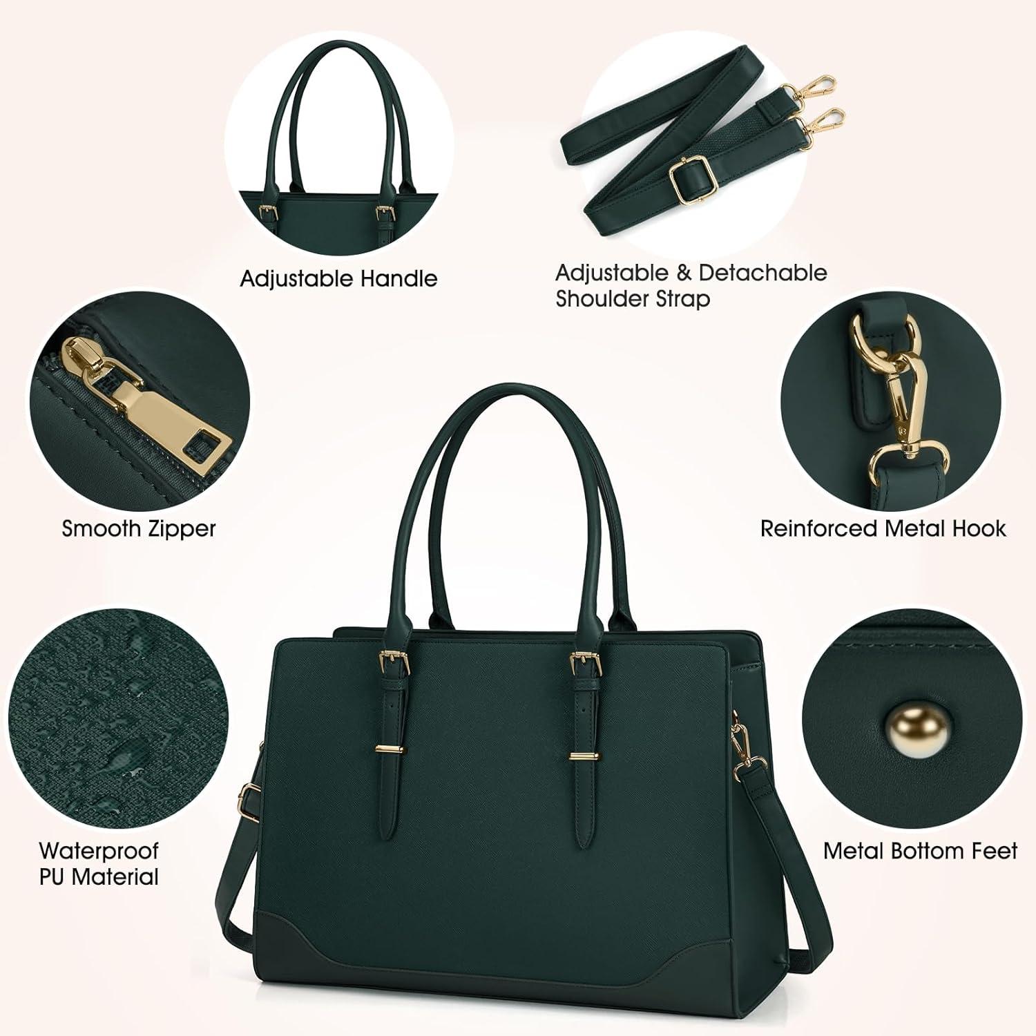 IGOLUMON Handtasche Damen Große Tasche Dunkelgrün Laptoptasche PU Leder 15.6 Zoll Umhängetasche Tote