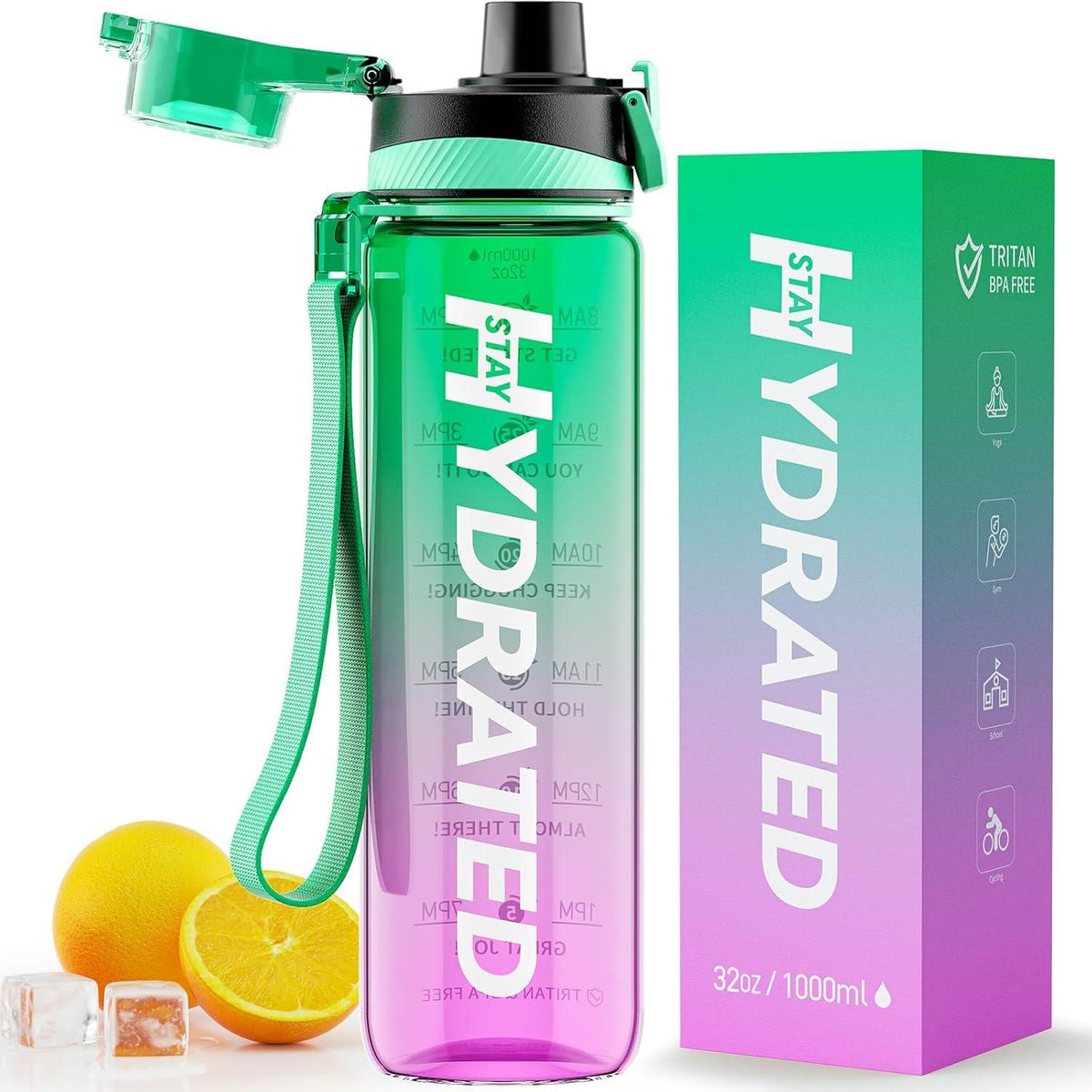 Trinkflasche 1L BPA-Frei Zeitmarkierung Tritan Sport Mint Violett