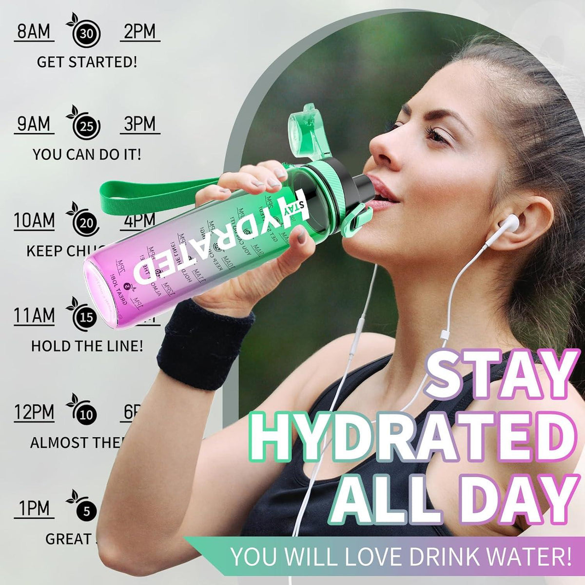 Mevoly Trinkflasche 1L BPA-Frei Tritan Zeitmarkierung Sport Mint Vine Violett