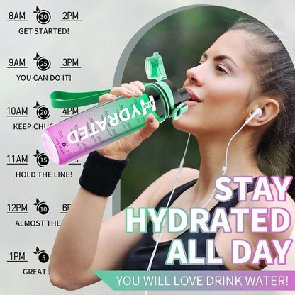 Mevoly Trinkflasche 1L BPA-Frei Tritan Zeitmarkierung Sport Mint Vine Violett