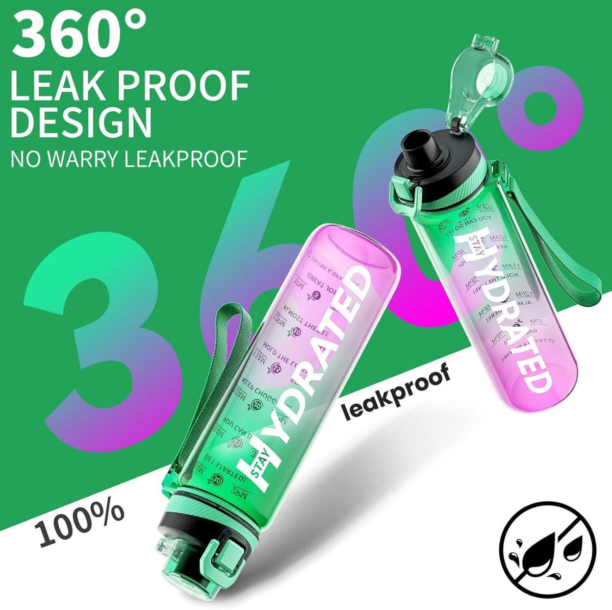 Mevoly Trinkflasche 1L BPA-frei Auslaufsicher Tritan Sport Mint Vine Violett