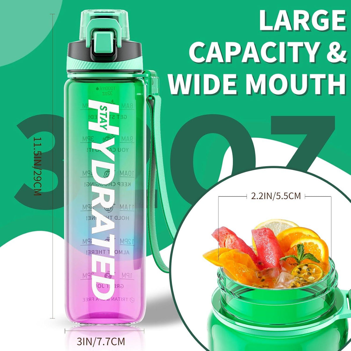 Trinkflasche 1L BPA-Frei Tritan Sport mit Zeitmarkierung und