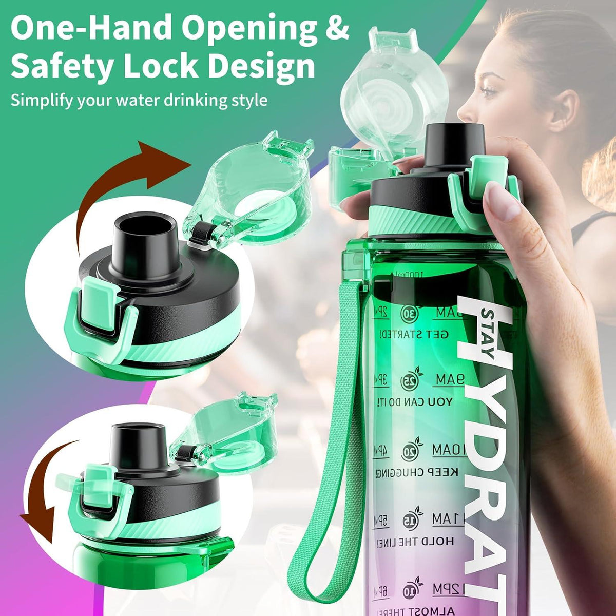 Mevoly Trinkflasche 1L BPA-frei Auslaufsicher Tritan Sport Mint Vine Violett