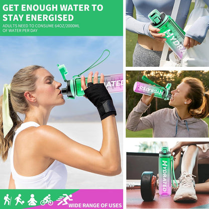Mevoly Trinkflasche 1L BPA-Frei Tritan Zeitmarkierung Sport Mint Vine Violett