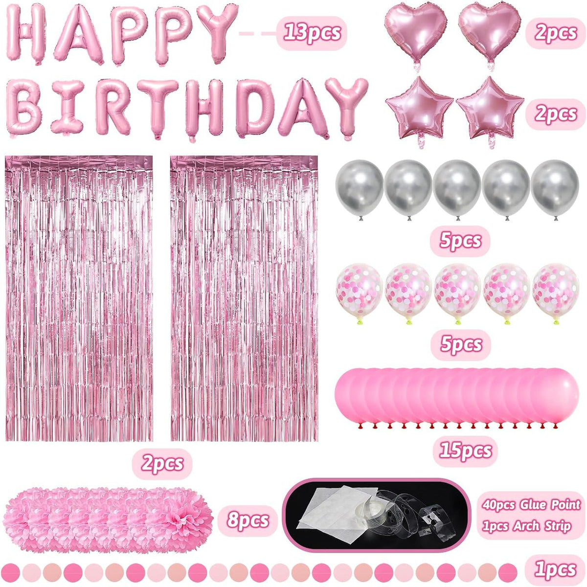 Rosa Geburtstagsdeko Happy Birthday Party Set 54-teilig