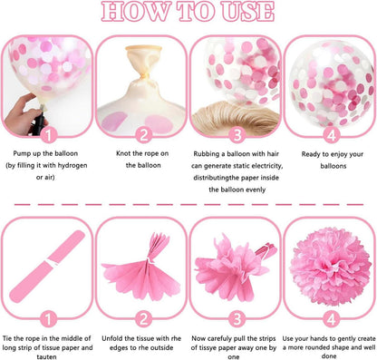 ZERODECO Rosa Geburtstagsdeko Happy Birthday Pompons Fransen Luftballons Mädchen Frauen Kindergeburtstag