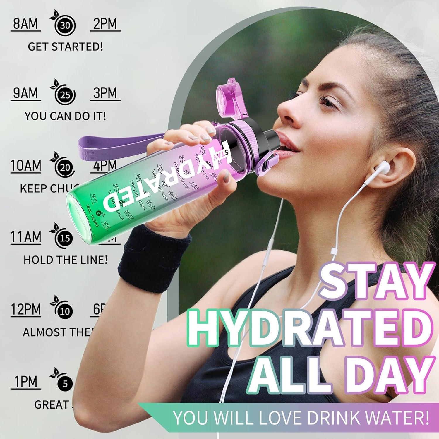 Mevoly Trinkflasche 1L BPA-frei Tritan Zeitmarkierung Abnehmbare Schnürung