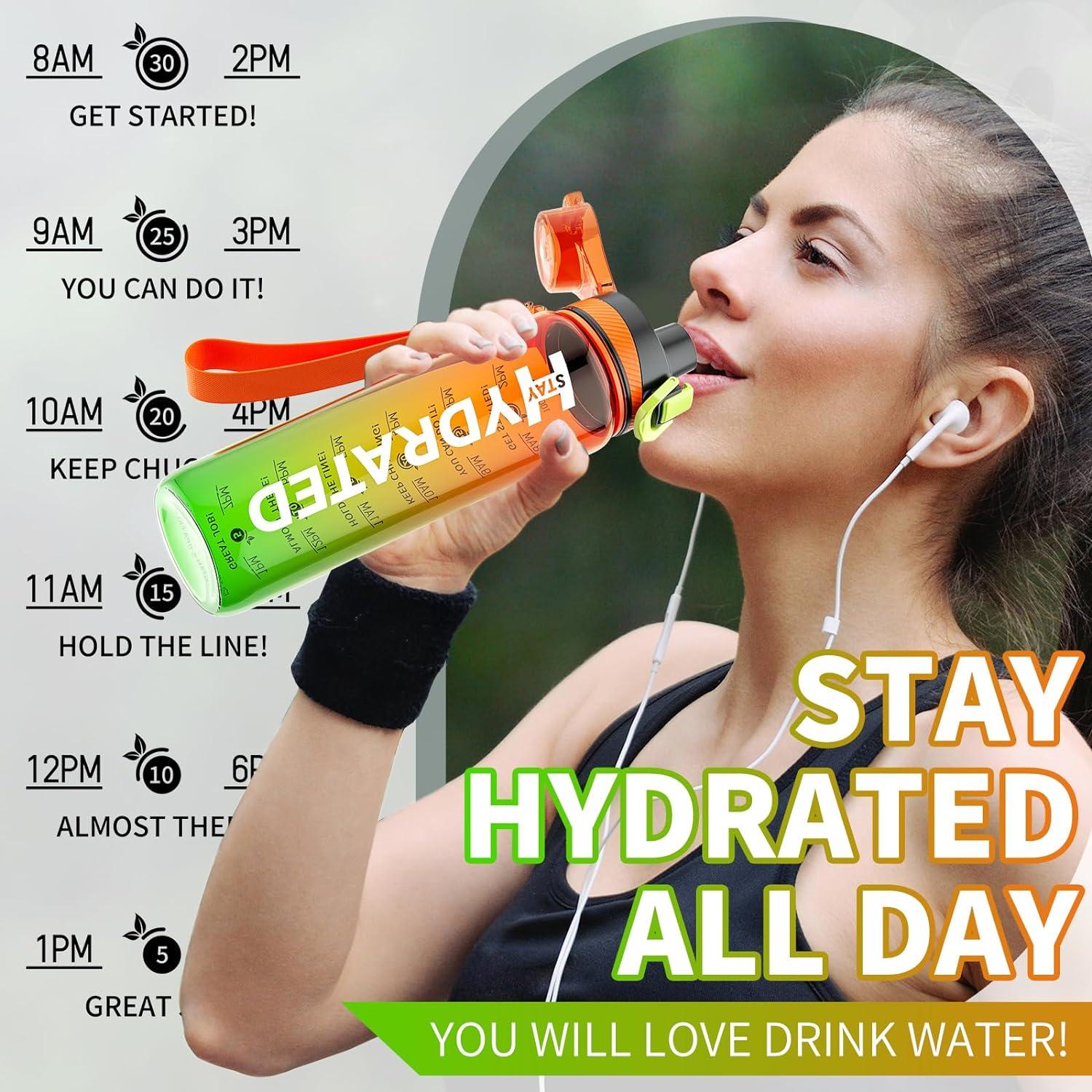 Mevoly Trinkflasche 1L BPA-Frei Tritan Sport Auslaufsicher Zeitmarkierung Taglilie Orange