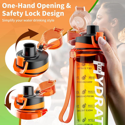 Mevoly Trinkflasche 1 Liter BPA-frei Tritan Sport Zeitmarkierung Orange