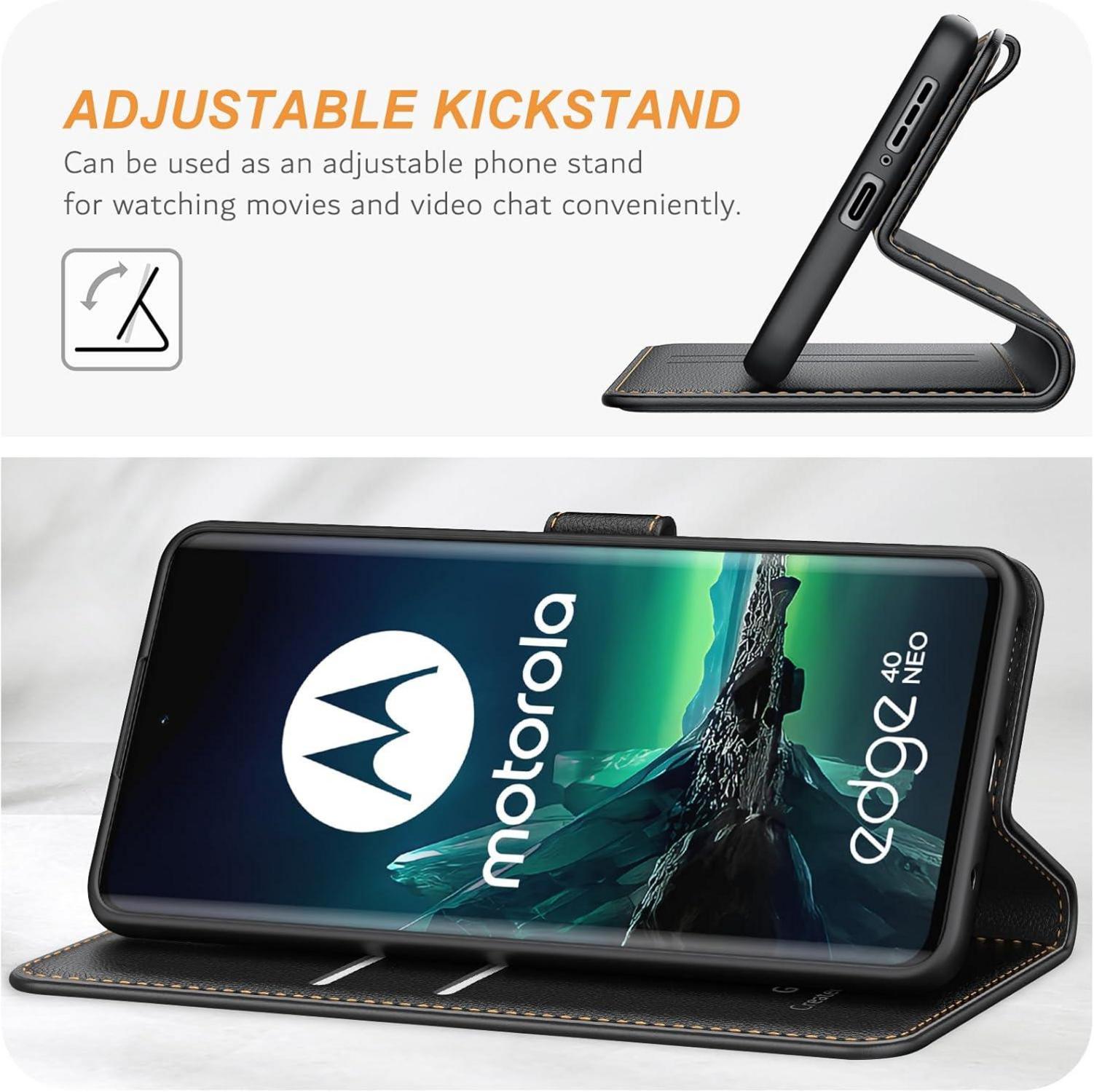 Motorola Edge 40 Neo Handyhülle Schwarz Premium Leder mit Kartenschlitzen & Standfunktion