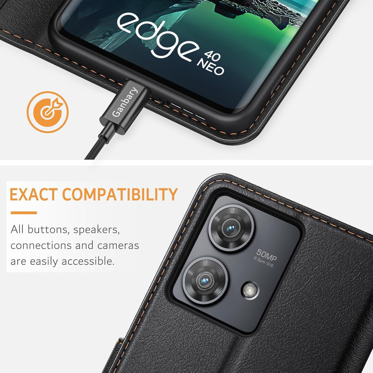 Motorola Edge 40 Neo Handyhülle - Premium Leder Klapphülle Schwarz