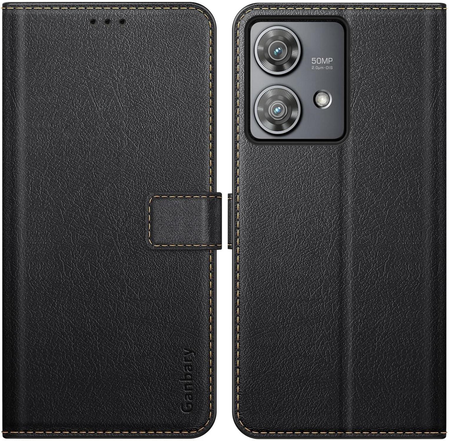 Motorola Edge 40 Neo Handyhülle Schwarz Premium Leder mit Kartenschlitzen & Standfunktion
