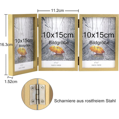 Bilderrahmen 3 Fotos 10x15 Holz Fotorahmen Glasfront Gold