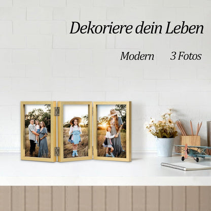 Bilderrahmen 3 Fotos 10x15 Holz Fotorahmen Glasfront Gold