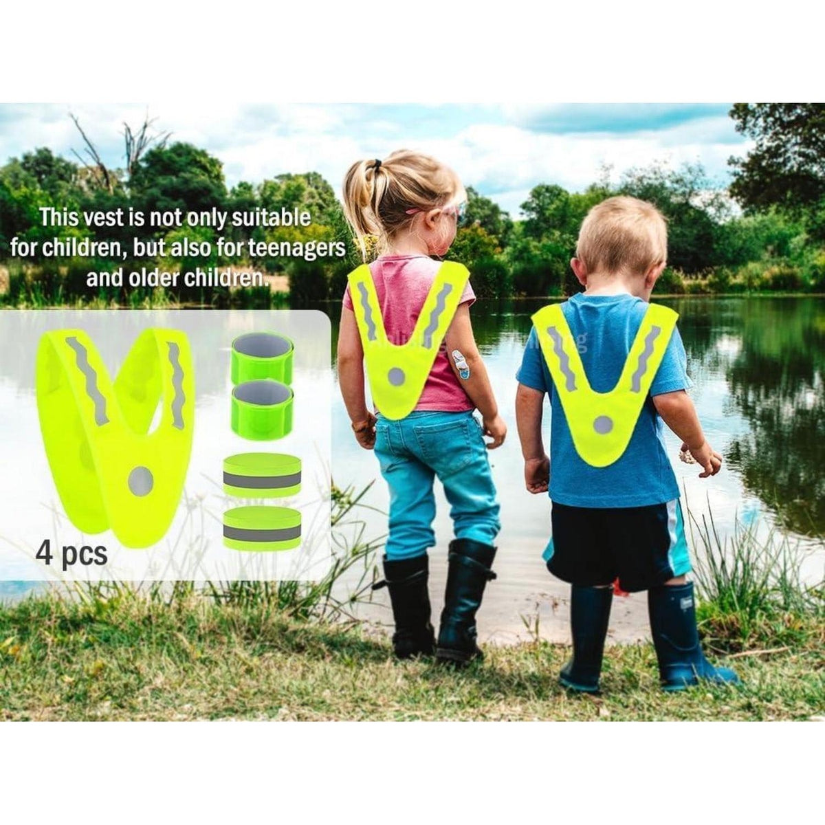 Warnweste Kinder Set: 4 Weste + 4 Reflektorbänder – Sicher & Sichtbar