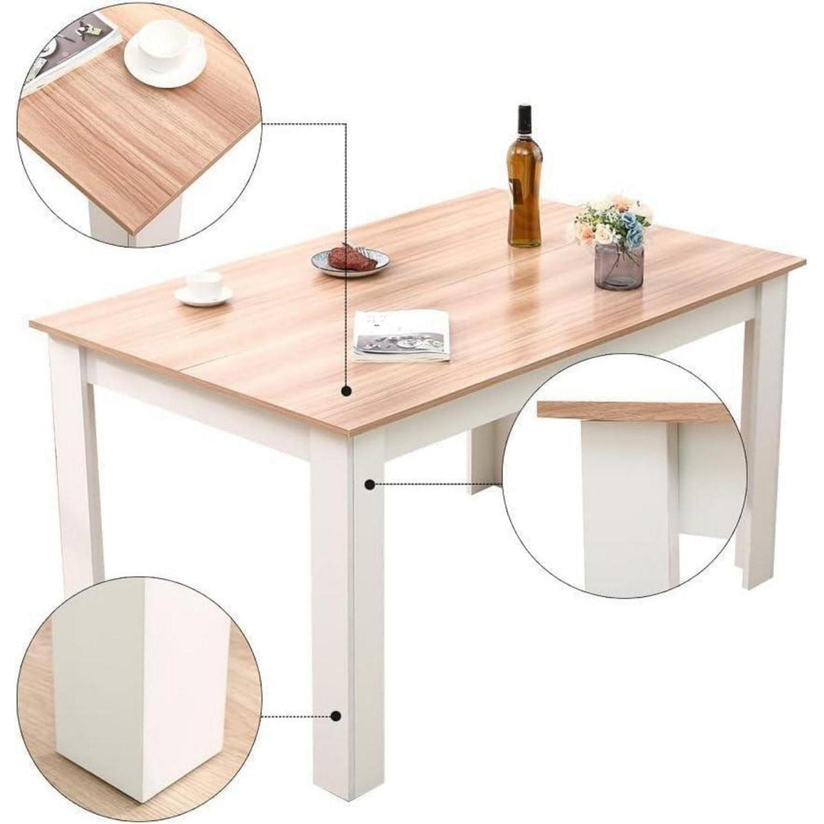 Moderner Esstisch Set mit 6 Stühlen – Weiß & Eiche in Lederoptik