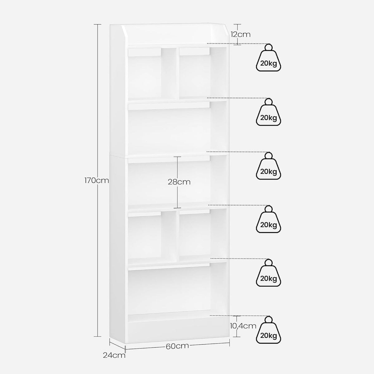 Weißes Bücherregal 6 Fächer – 170cm hoch, Standregal