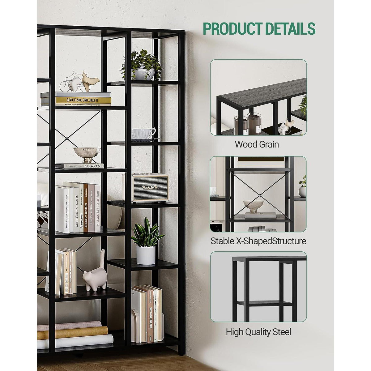 Standregal 6 Ebenen – Verstellbar, Schwarz & Holzoptik