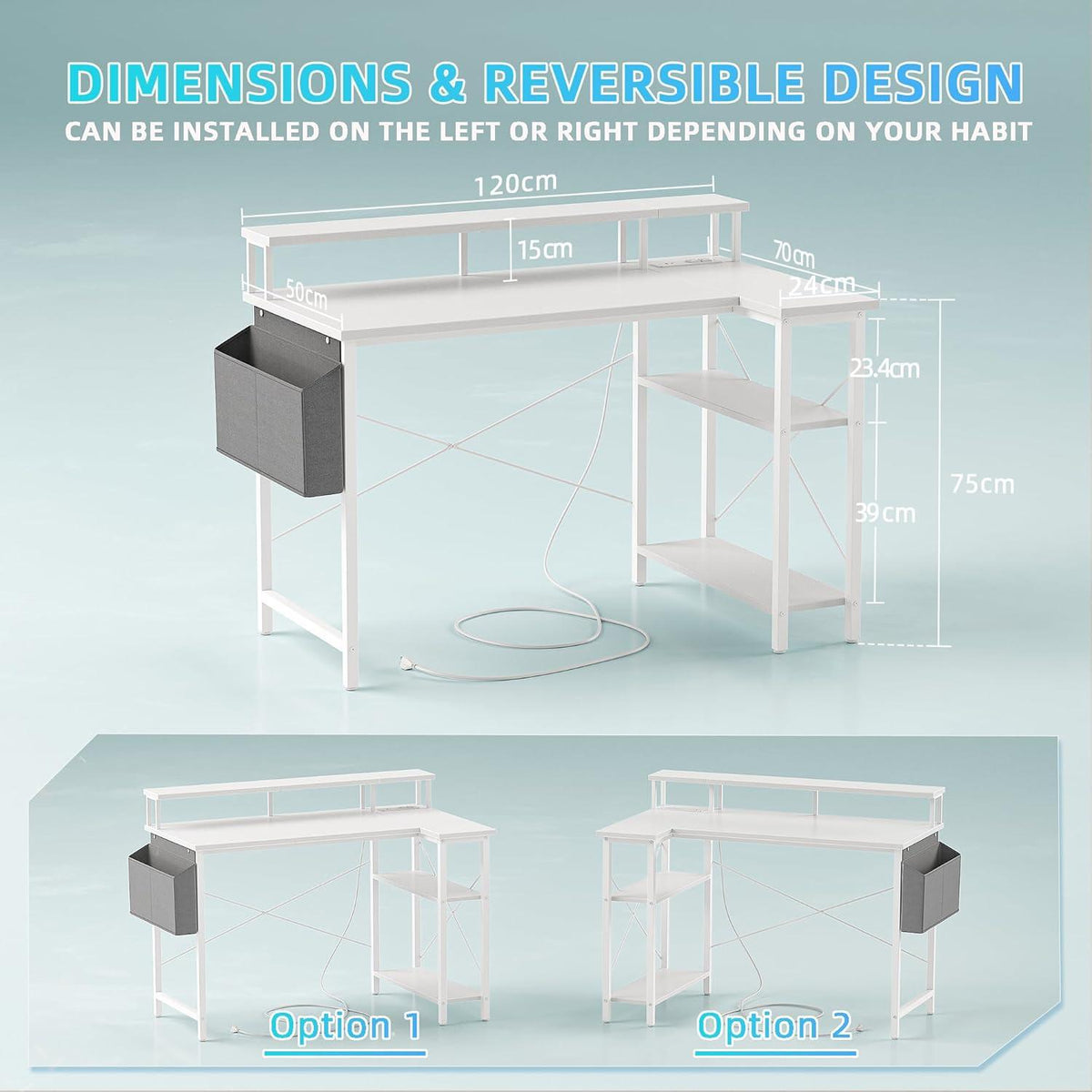 Eckschreibtisch mit Steckdosenleiste LED 120x70 cm Ergonomic