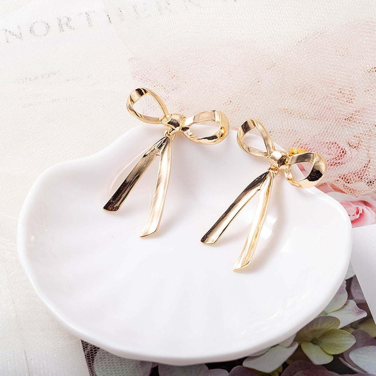 Bogen Ohrringe Damen Lange Dangle Gold Schleifen Ohrstecker Ribbon Stud Weihnachts-Party-Schmuck
