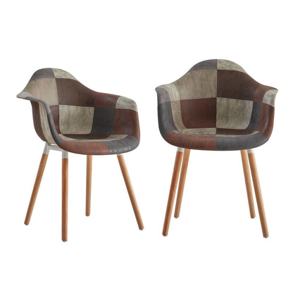 2 Esszimmerstühle Patchwork-Stoff mit Armlehnen, Buchenholz Braun