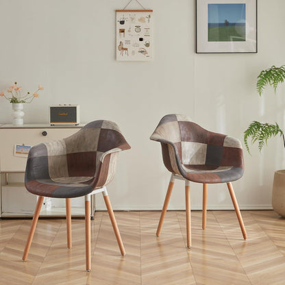 2 Esszimmerstühle Patchwork-Stoff mit Armlehnen, Buchenholz Braun
