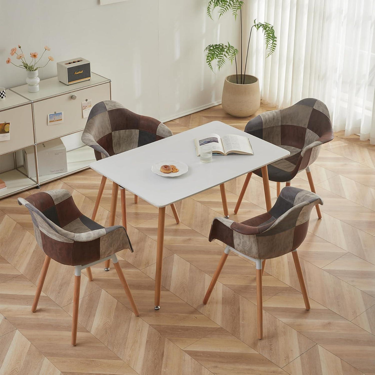 Patchwork Esszimmerstühle mit Armlehnen – 4er Set Braun
