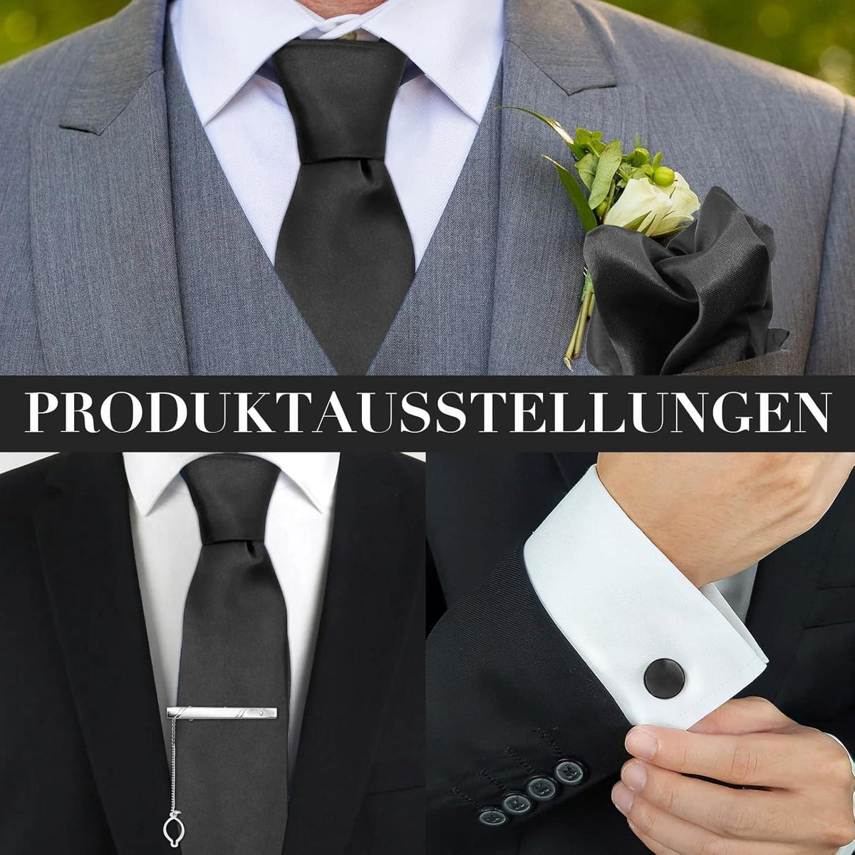 ZOCONE Herren Krawatten Set Schwarz Seide Einstecktuch Manschettenknöpfe