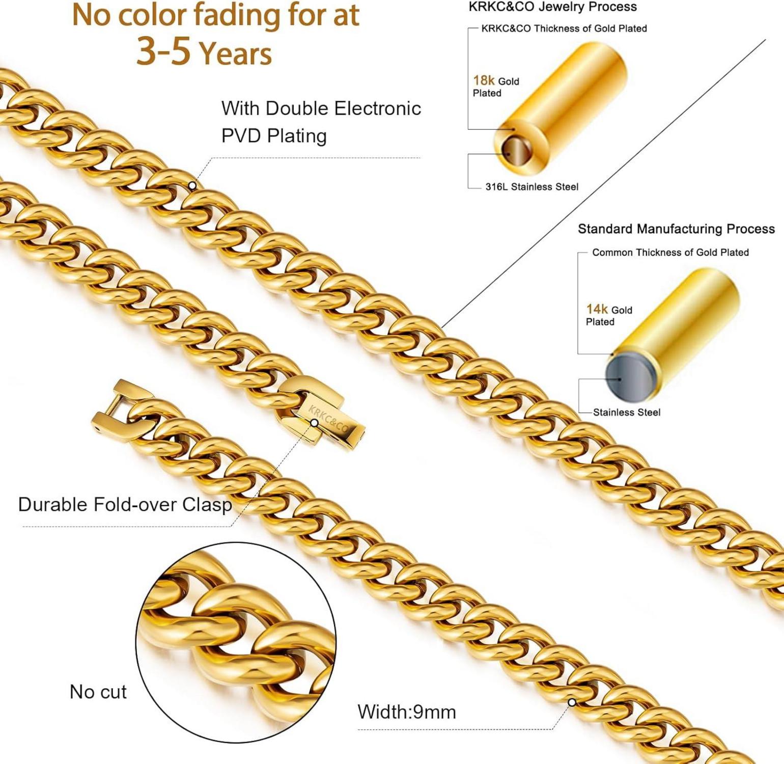 KRKC&CO Herren Panzerkette 9mm Cuban Link 18K Gold Vergoldet 45.7cm Golden
