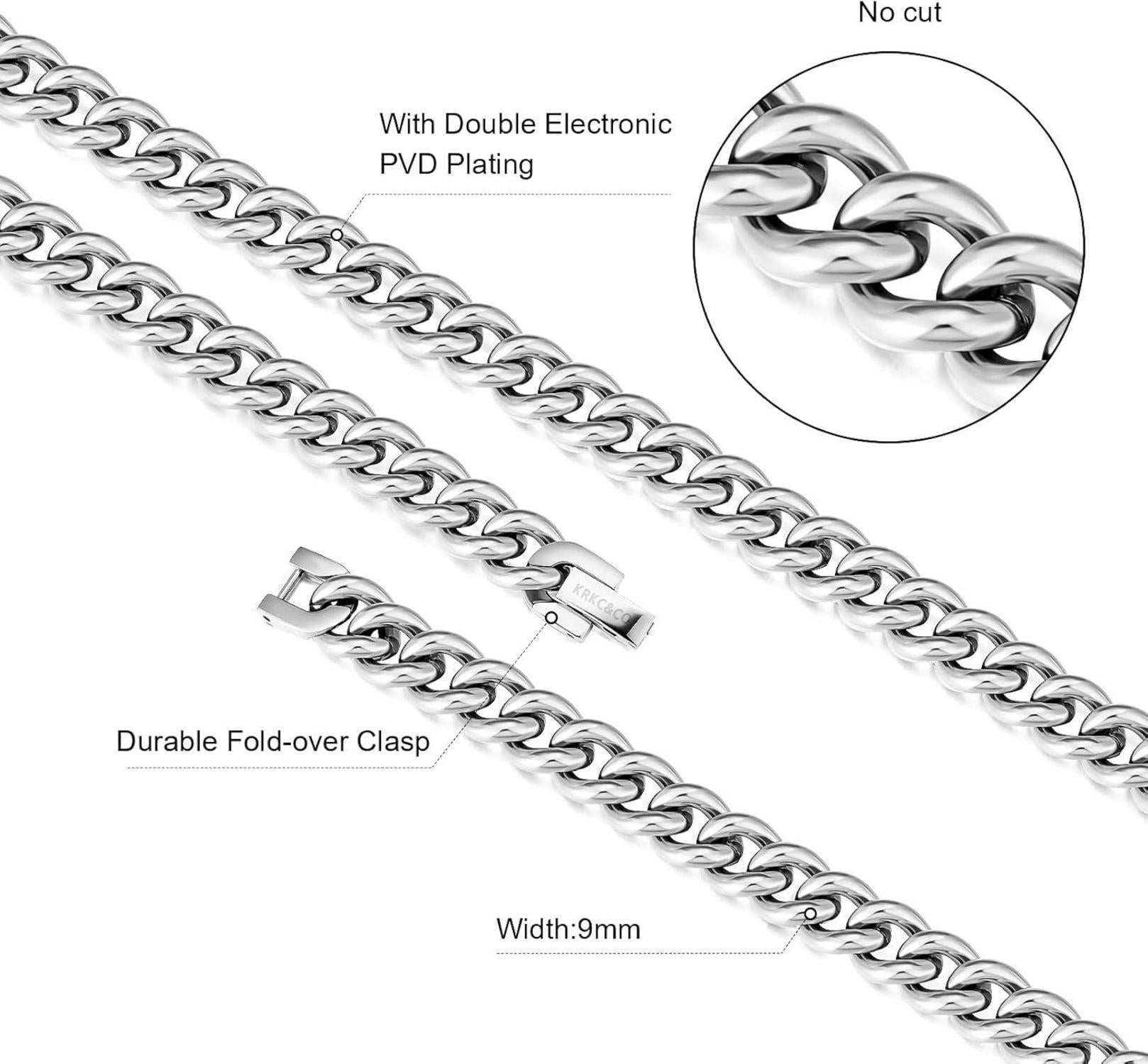 KRKC&CO Panzerkette Herren Edelstahl 18K Gold Cuban Link 9mm 61cm Silber Gold