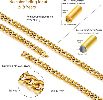 KRKC&CO Panzerkette Herren 7mm Gold Cuban Link Chains Edelstahl Goldkette Silberkette 50,8cm