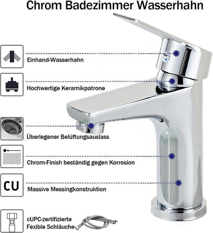 Sumeber Bad Wasserhahn mit Zugstange und Ablaufgarnitur - Chrom Armatur für Waschbecken