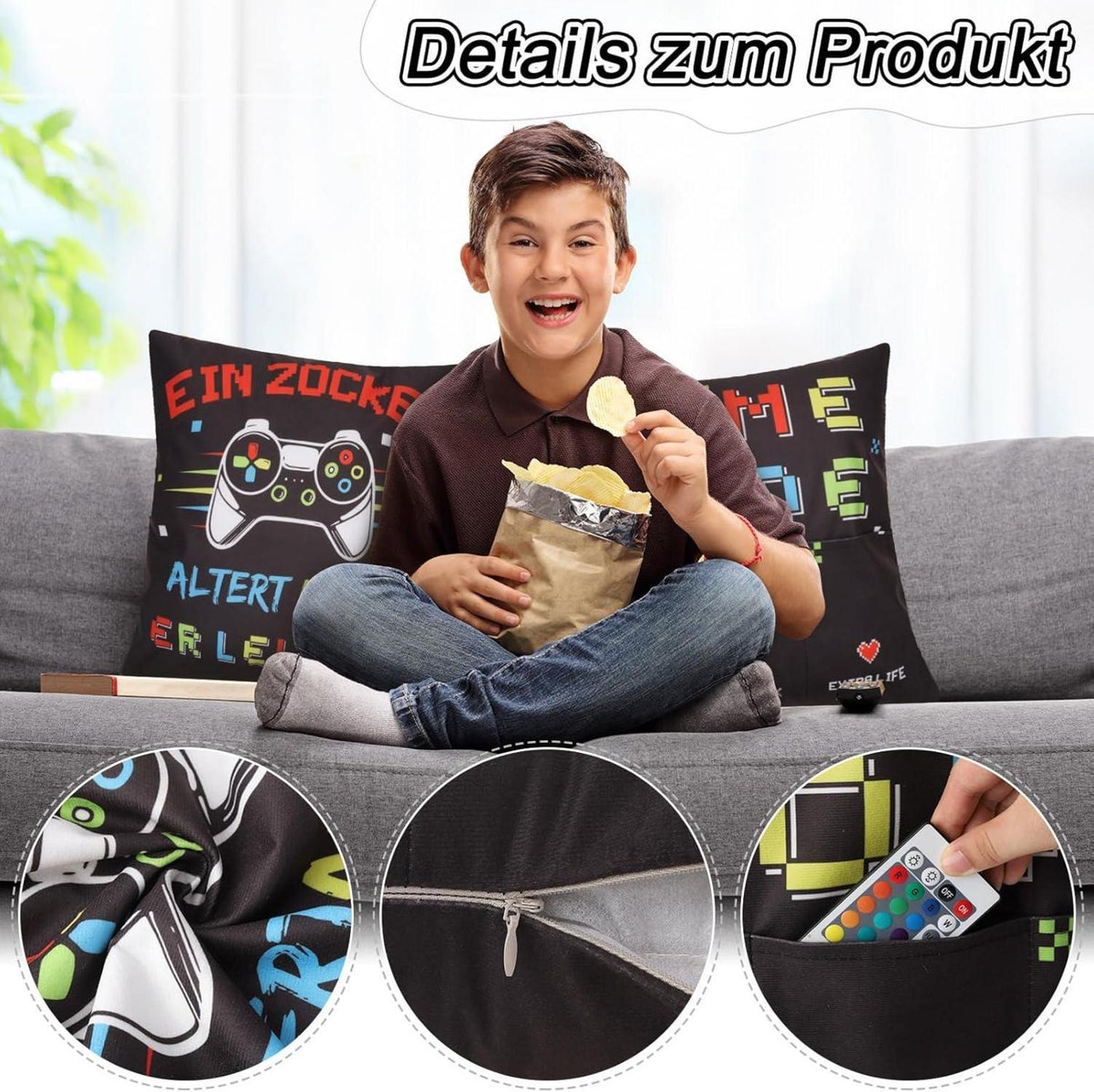 Lustiges Gamer Dekokissen 45x45cm mit 3 Taschen & Spruch - Zocker