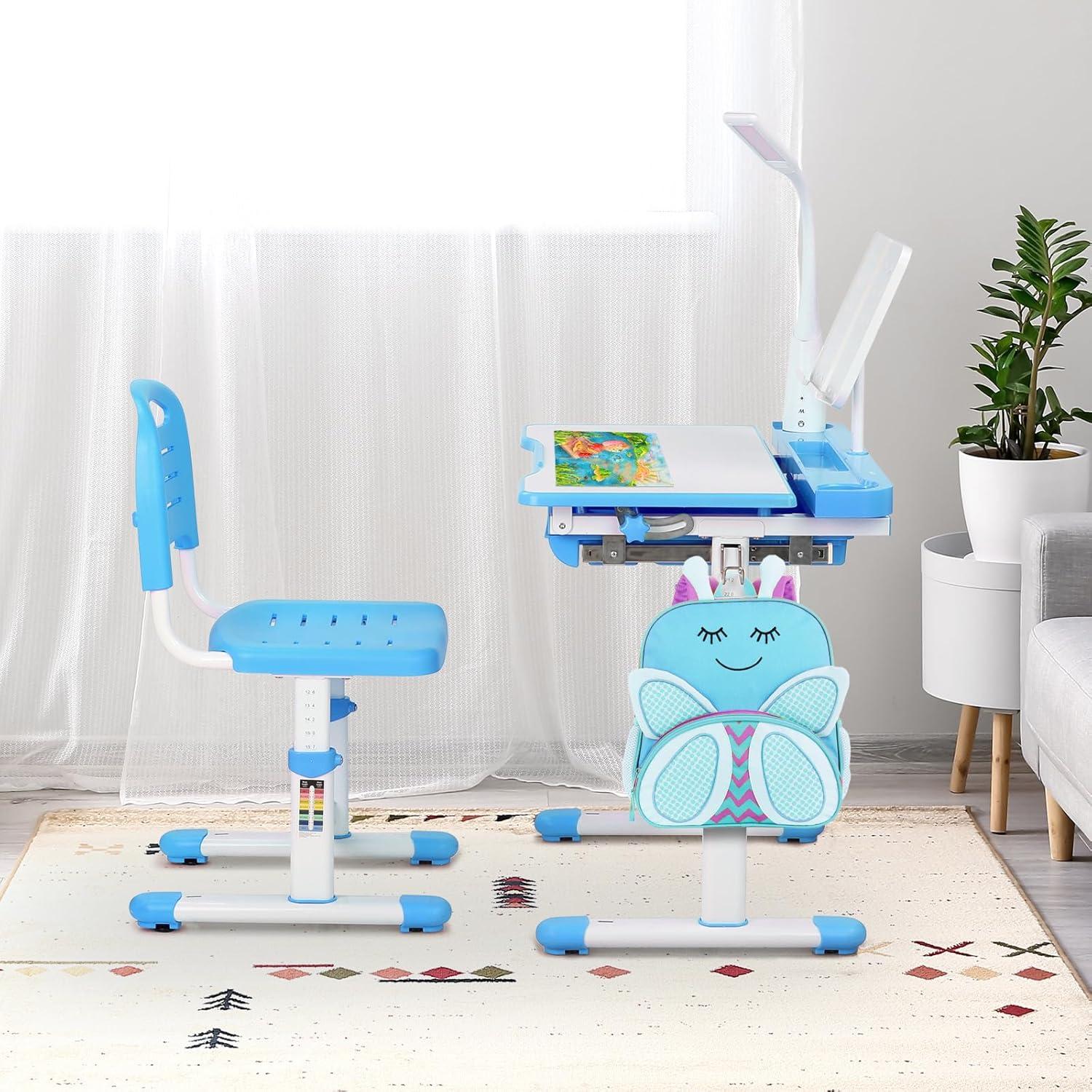 Kinder Schreibtisch und Stuhl Set Höhenverstellbar Blau
