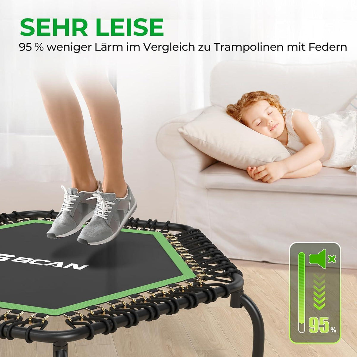 Fitness Trampolin Indoor Ø 122 cm mit T-Griff & Gummiseilen
