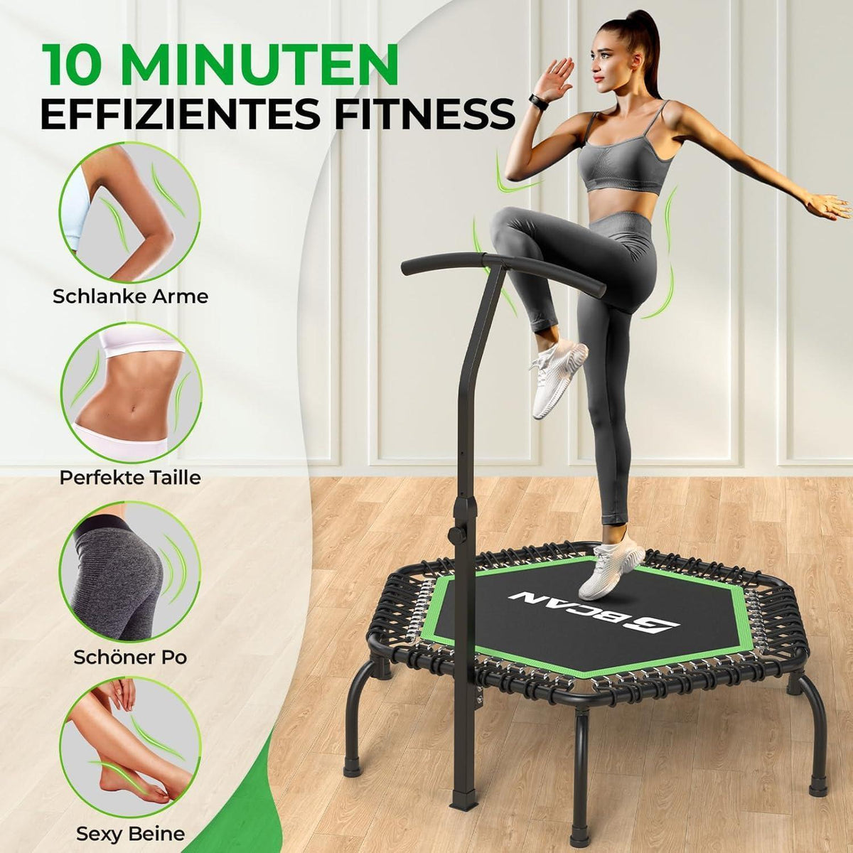 Fitness Trampolin Indoor Ø 122 cm mit T-Griff & Gummiseilen
