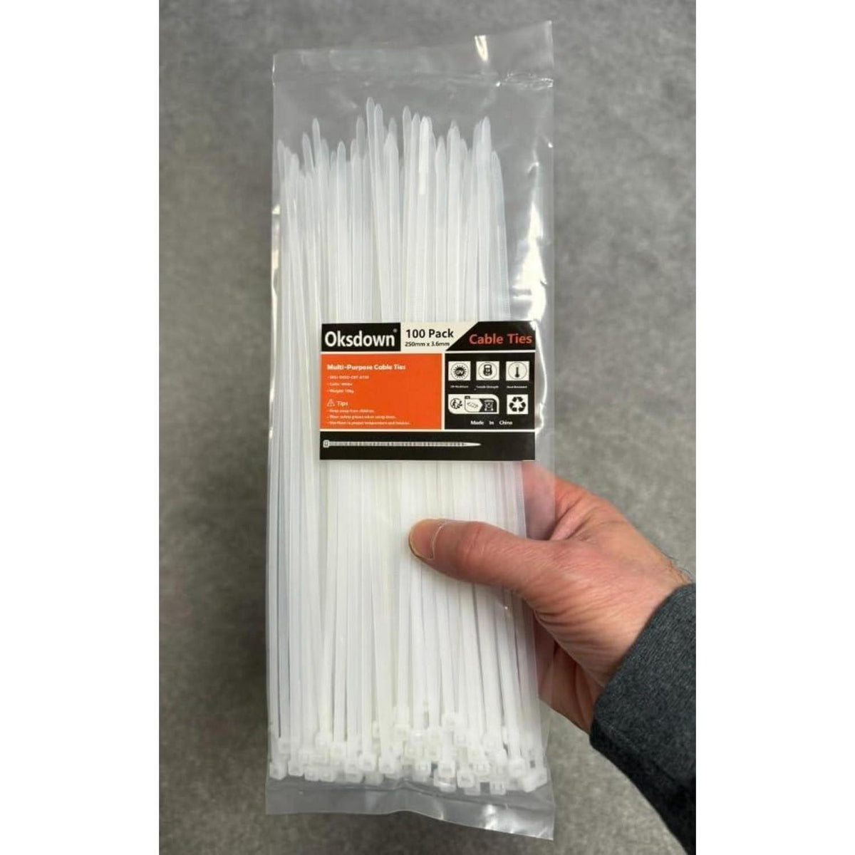 100x Weiße Kabelbinder 250mm, 18kg Zugfestigkeit