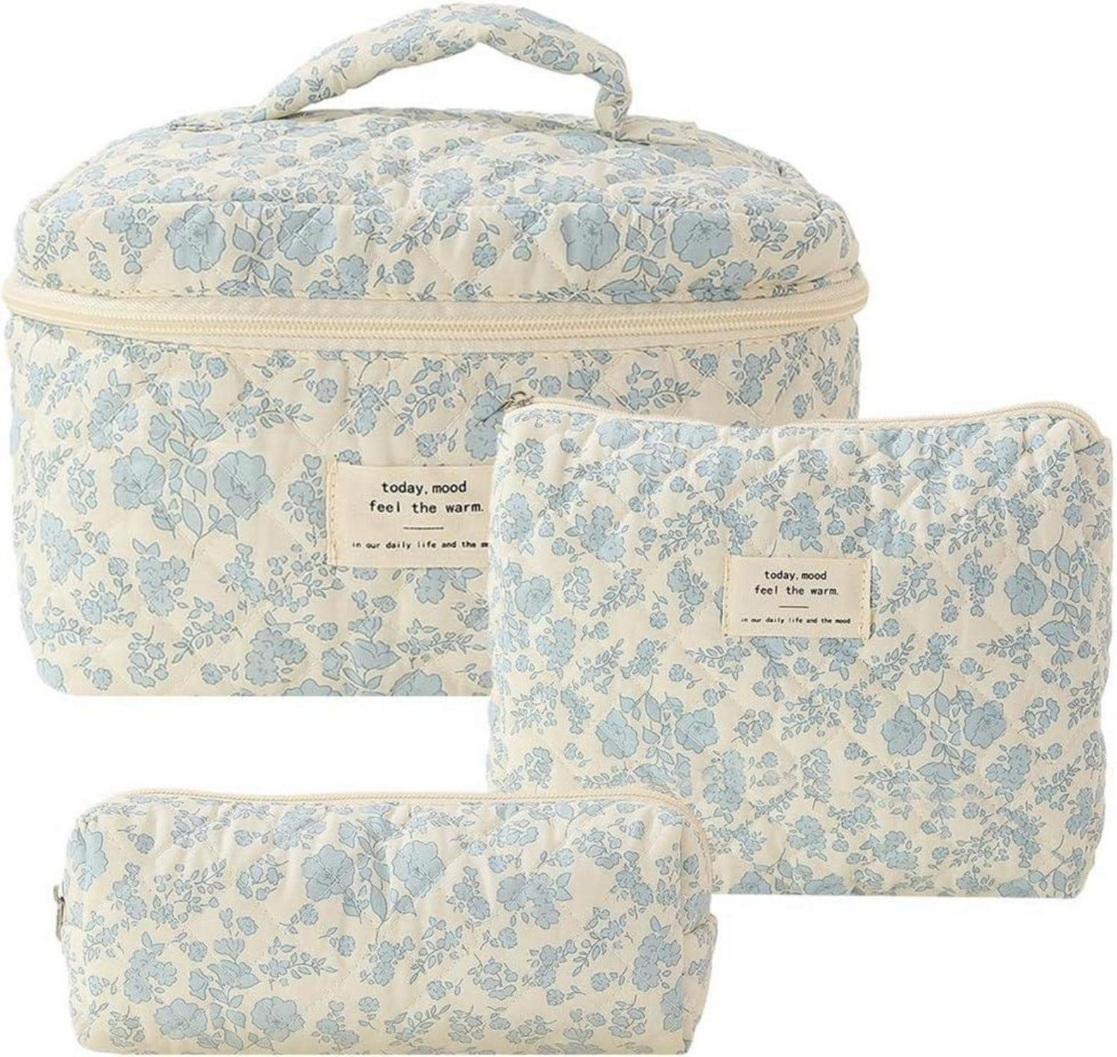 3-teiliges Reise Kosmetiktasche Damen gesteppte Blumenmuster Kawaii